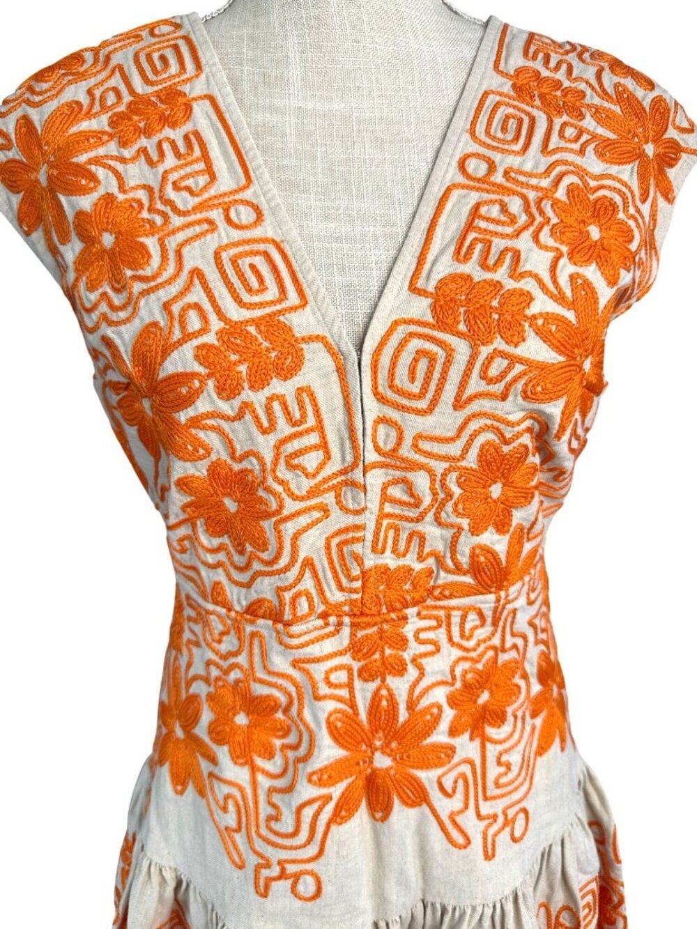 Maje Beige & Orange Embroidered Floral Sleeveless Dress Size 40 - Picture 5 of 9